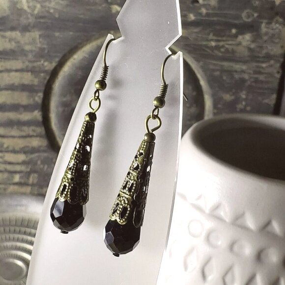 Antique Bronze Filigree Faceted Jet Black Crystal Teardrop Earrings - Picture 1 of 8